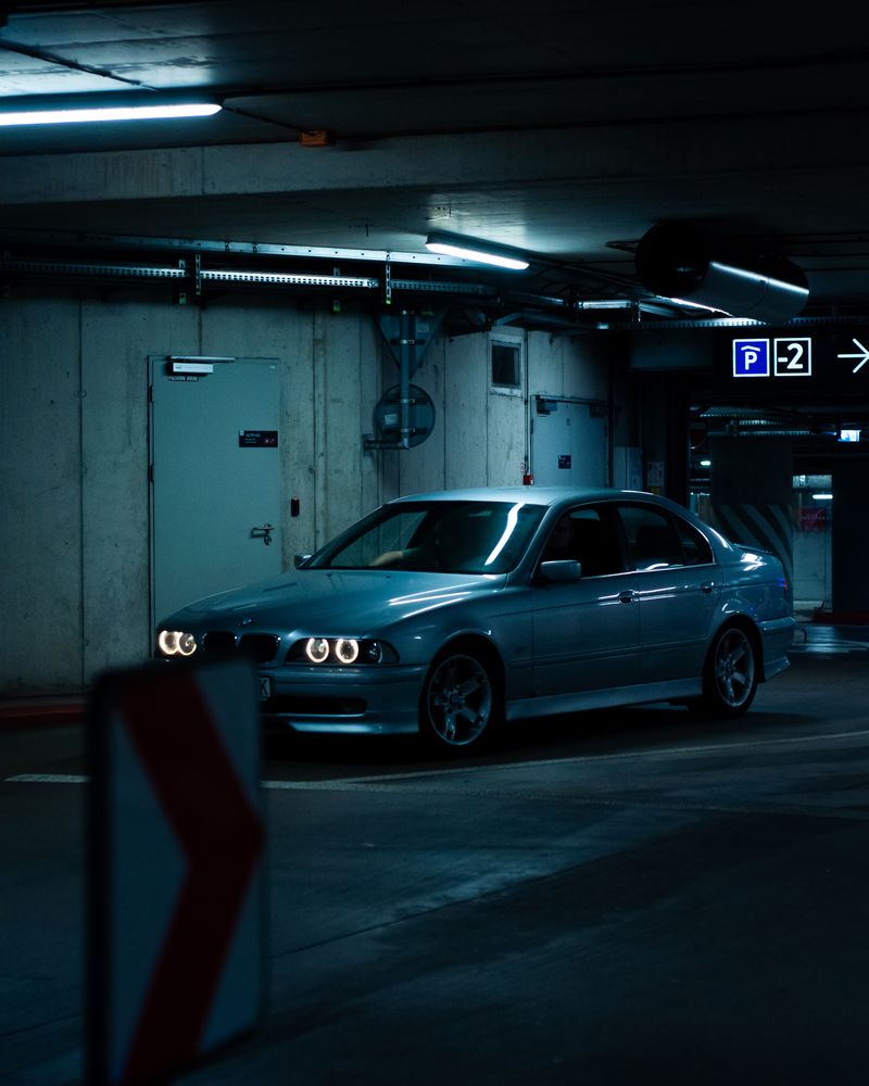 Silver car at night